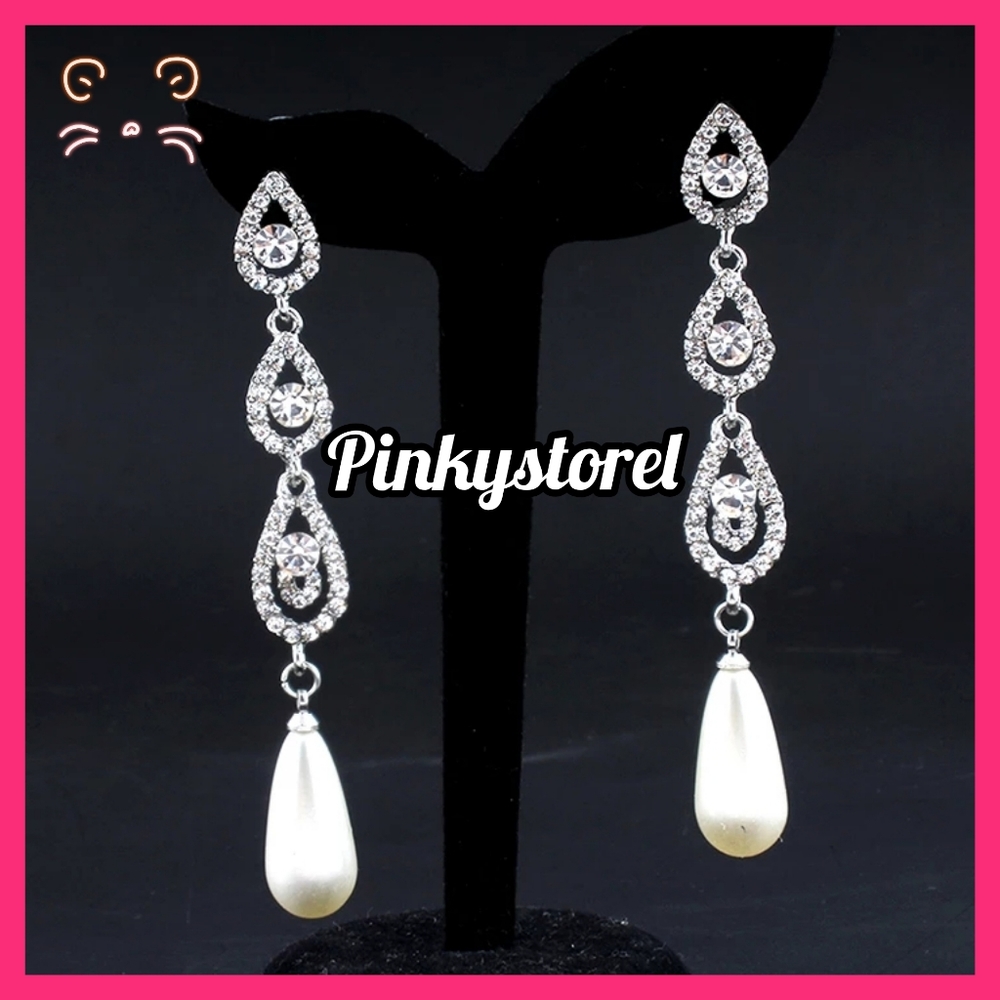 Crystal Pearl Bridal Earrings - Picture 3 of 9